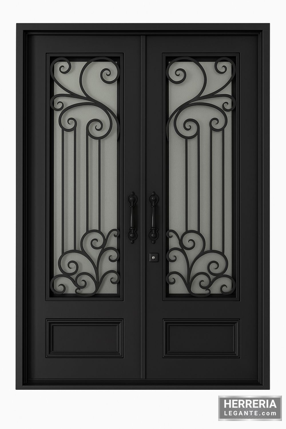 puerta de herrería doble en color negro mate con vidrio esmerilado y diseño simétrico de forja curvilínea, fondo neutro blanco