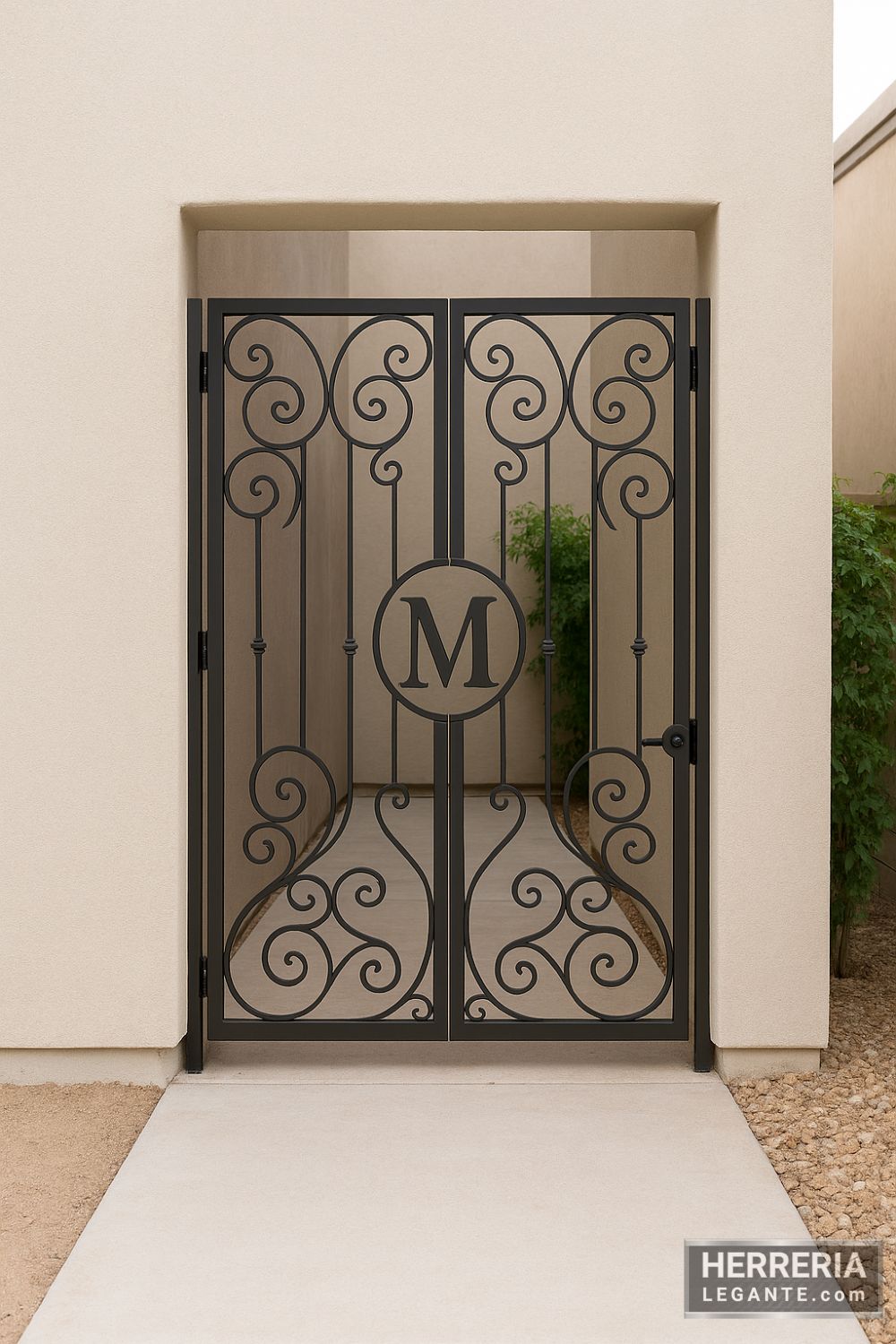 Puerta de herrería doble con diseño de espirales y monograma central, instalada en acceso lateral de vivienda con muros de estuco beige