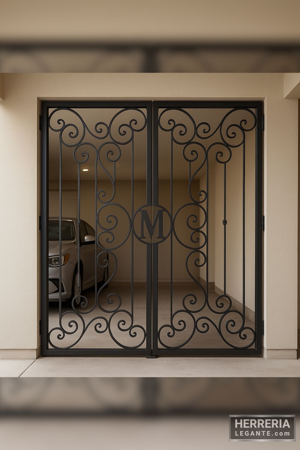 Puerta de herrería doble con diseño de espirales y monograma central, instalada en área de estacionamiento cubierto con vehículo al fondo