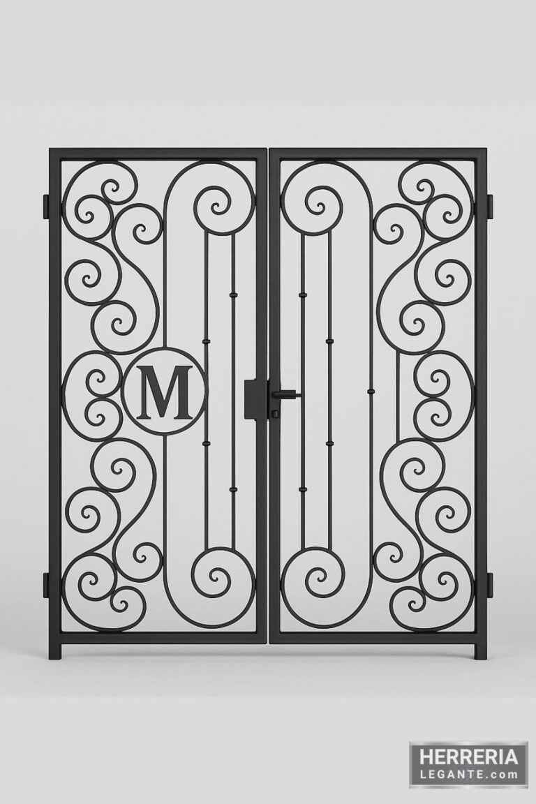 Puerta de herrería de doble hoja con diseño de espirales y monograma central, sobre fondo gris neutro
