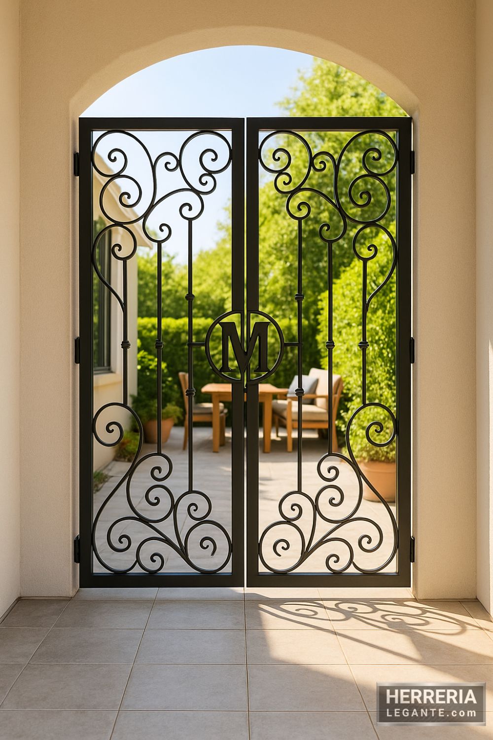 Puerta de herrería doble con diseño de espirales y monograma central, instalada en acceso a patio con mobiliario exterior y vegetación