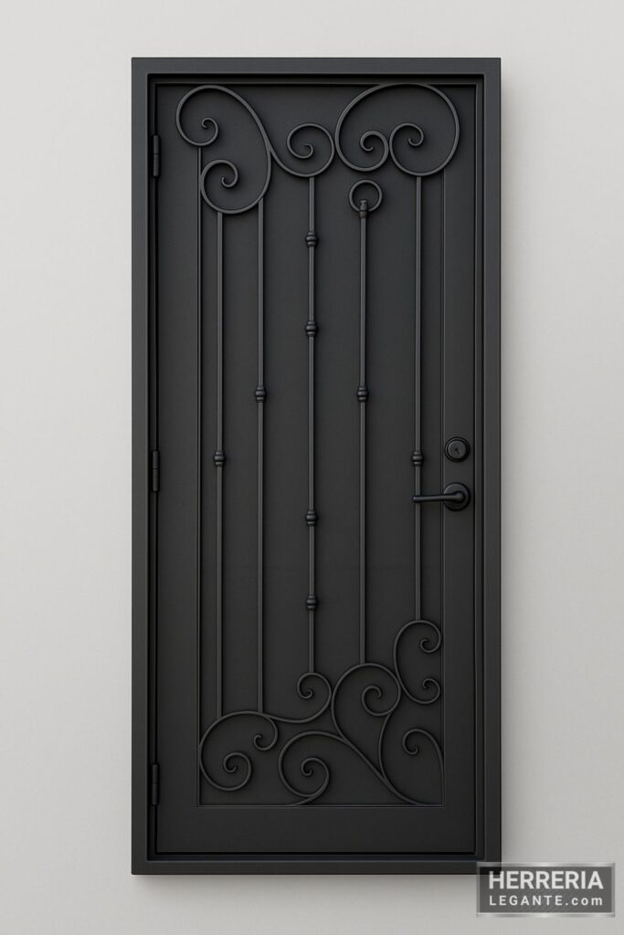 Puerta de herrería económica y liviana con barras verticales y detalles curvos, sobre fondo gris neutro