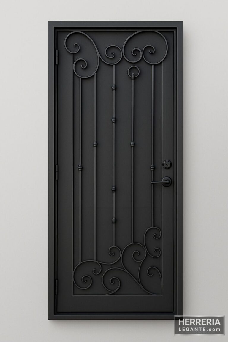 Puerta de herrería económica y liviana con barras verticales y detalles curvos, sobre fondo gris neutro