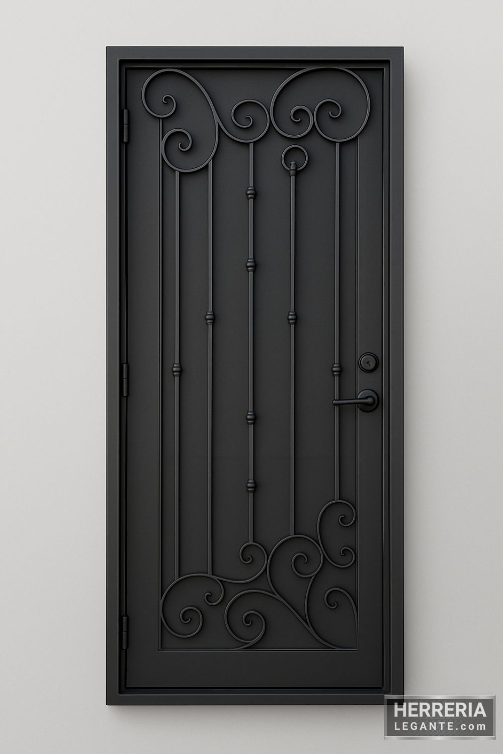 Puerta de herrería económica y liviana con barras verticales y detalles curvos, sobre fondo gris neutro