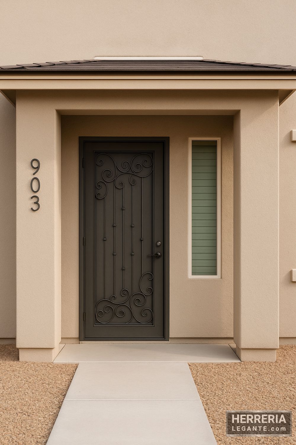 Puerta de herrería económica y liviana con barras verticales y detalles curvos en fachada de vivienda de proyecto inmobiliario económico