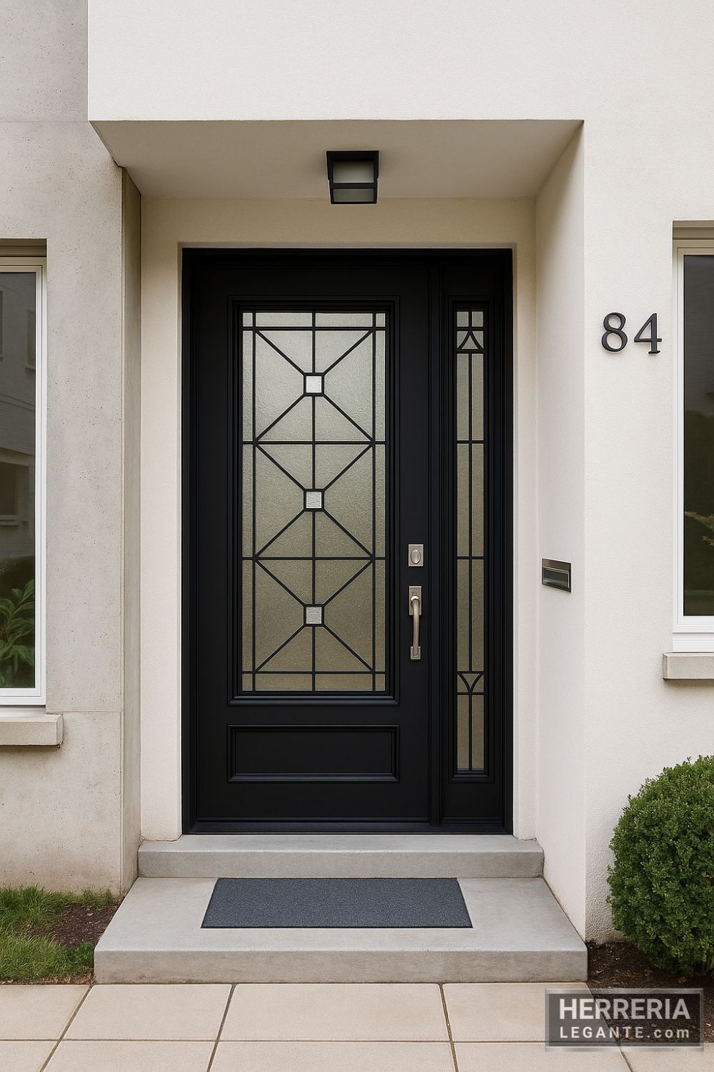 Puerta de herrería negra con vidrio esmerilado y diseño geométrico instalada en acceso principal de edificio residencial pequeño