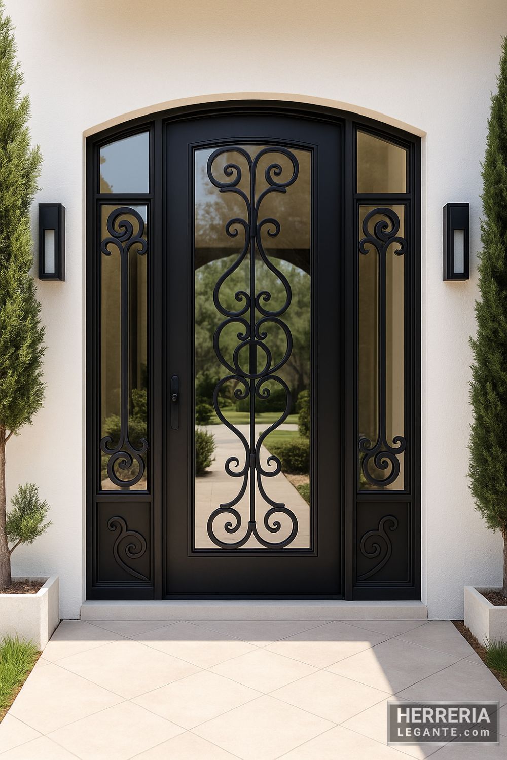 puerta de herrería elegante con arco y laterales fijos decorados, vista hacia jardín desde la entrada principal