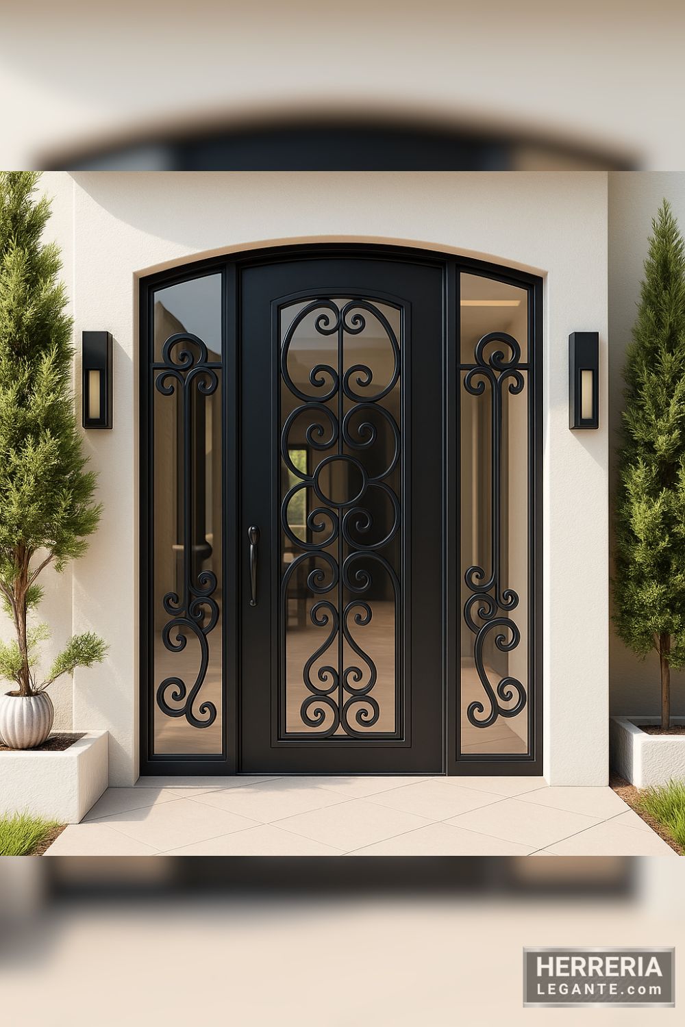 puerta de herrería elegante con arco y laterales fijos decorados, en fachada residencial con plantas y apliques de pared