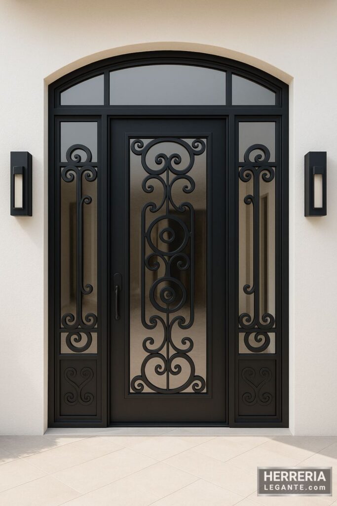 puerta de herrería negra con arco superior, laterales fijos y detalles forjados curvos sobre vidrio transparente