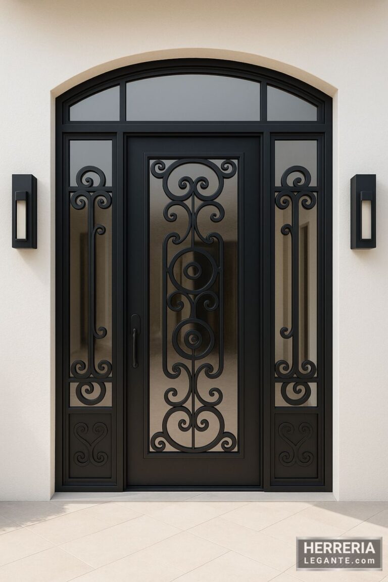 puerta de herrería negra con arco superior, laterales fijos y detalles forjados curvos sobre vidrio transparente