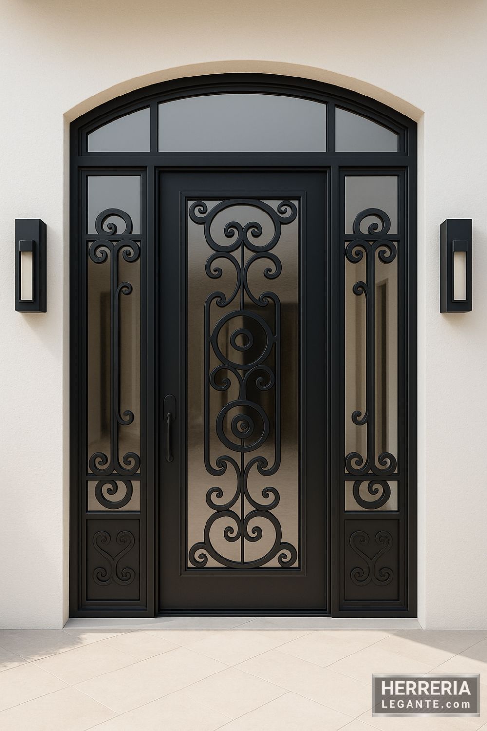 puerta de herrería negra con arco superior, laterales fijos y detalles forjados curvos sobre vidrio transparente
