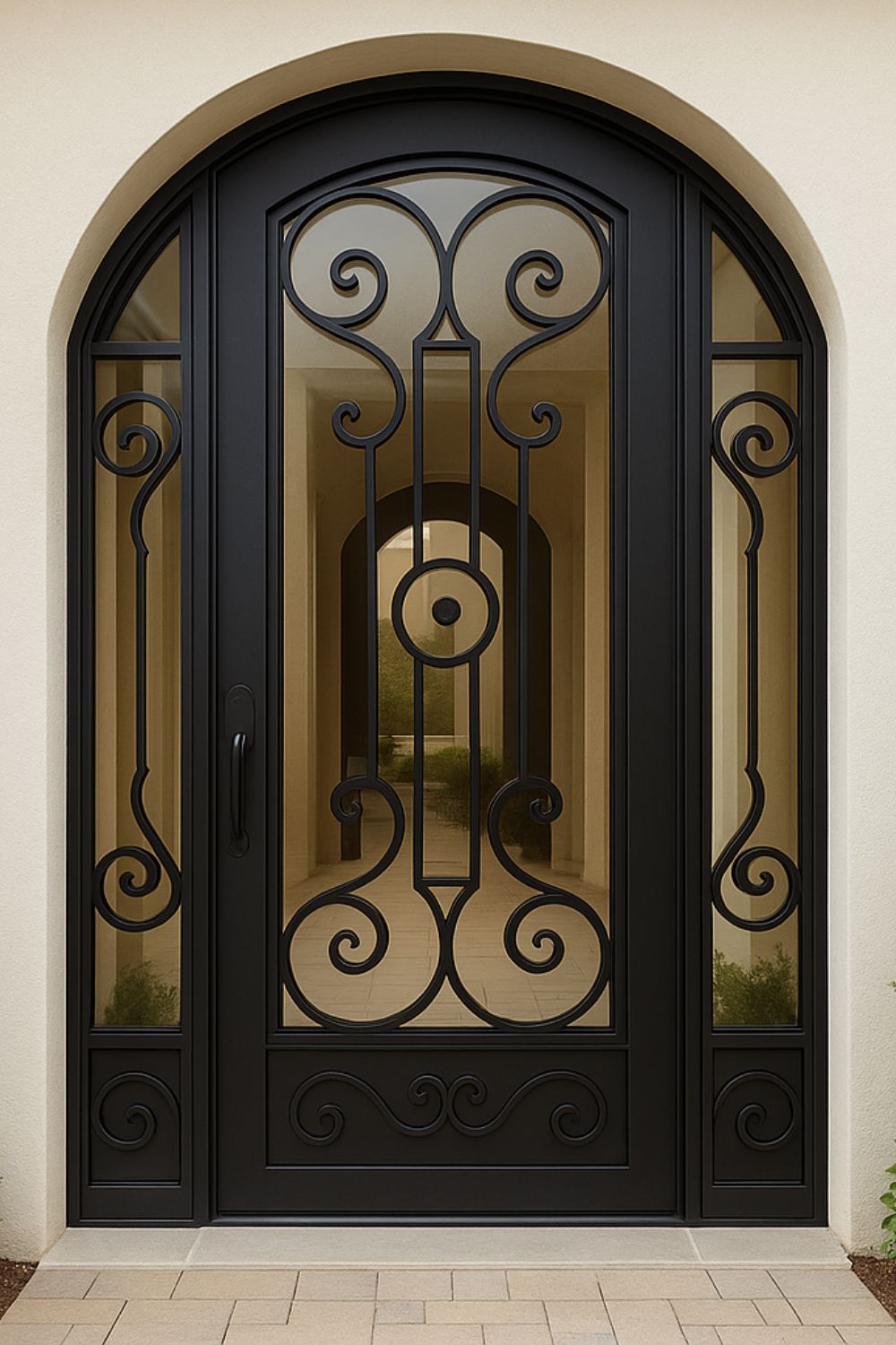 puerta de herrería elegante con arco y laterales fijos decorados, vista hacia pasillo interior alineado