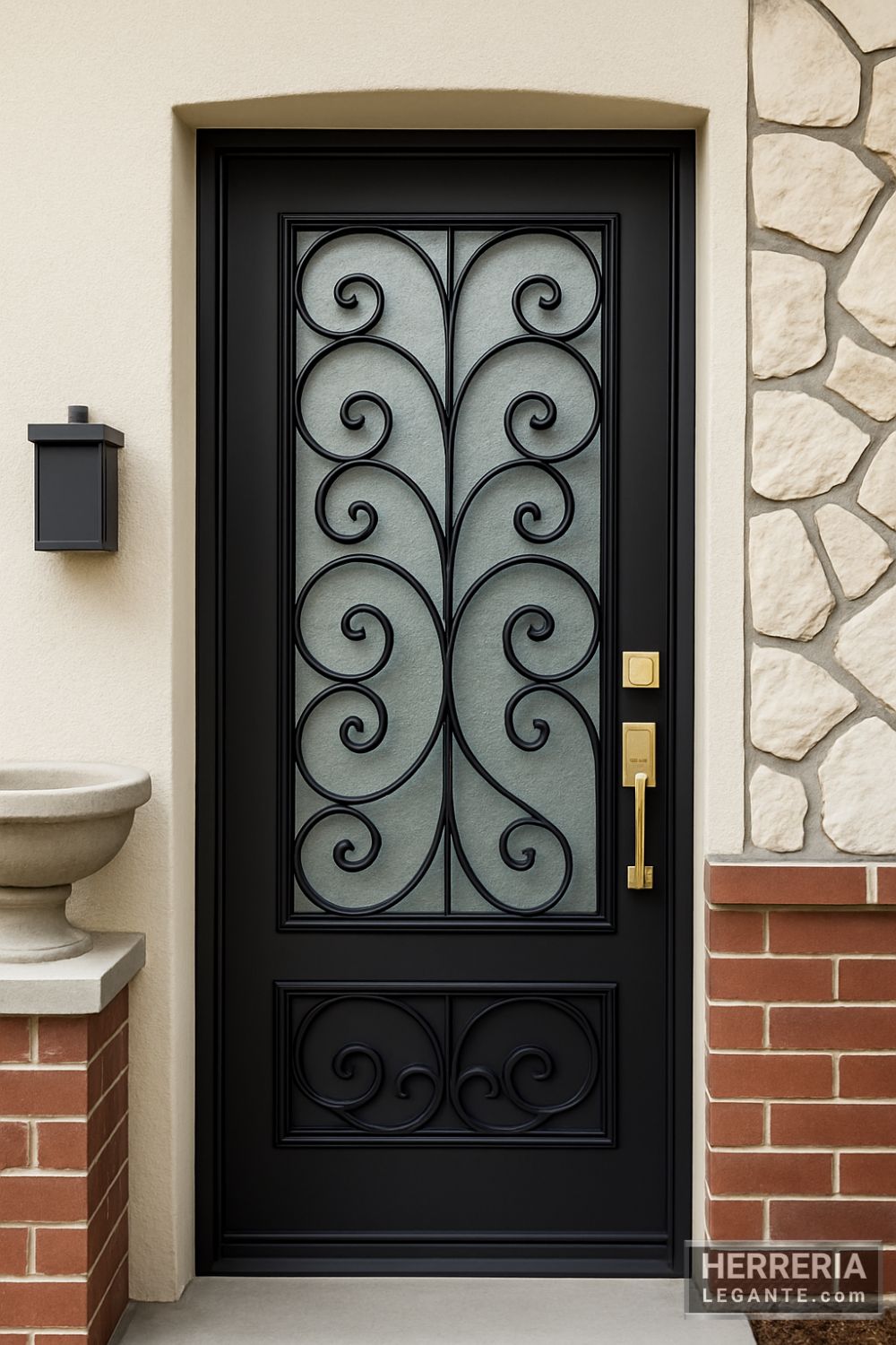 Puerta de herrería elegante con barrotes curvos y vidrio esmerilado en fachada de casa clásica con ladrillo y piedra