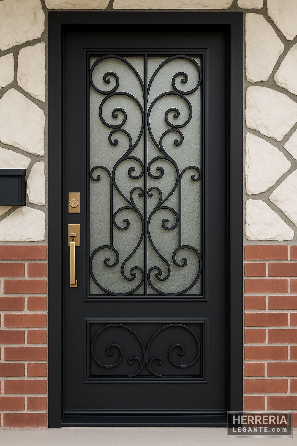 Puerta de herrería elegante con barrotes curvos y vidrio esmerilado en fachada de casa moderna con piedra y ladrillo