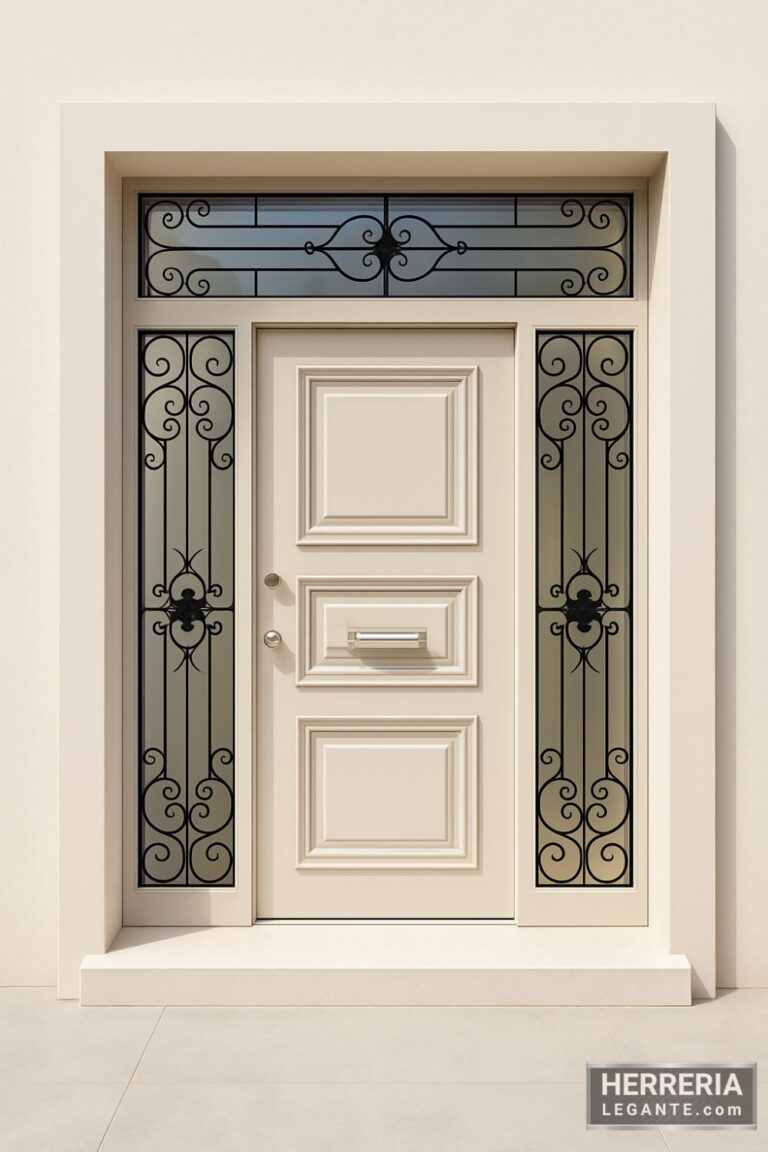 puerta de herrería color claro con panel superior y laterales fijos de vidrio con forja negra