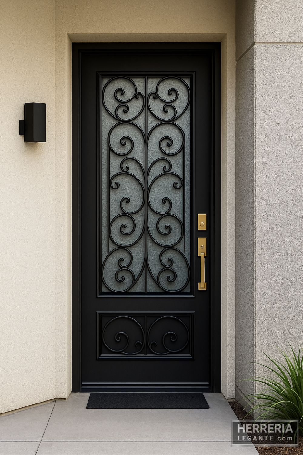 Puerta de herrería elegante con barrotes curvos y vidrio esmerilado en acceso principal de departamento moderno