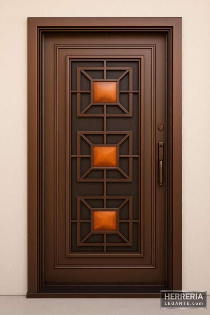 Puerta de herrería elegante con diseño geométrico y detalles en cobre, marco metálico marrón y acabado contemporáneo