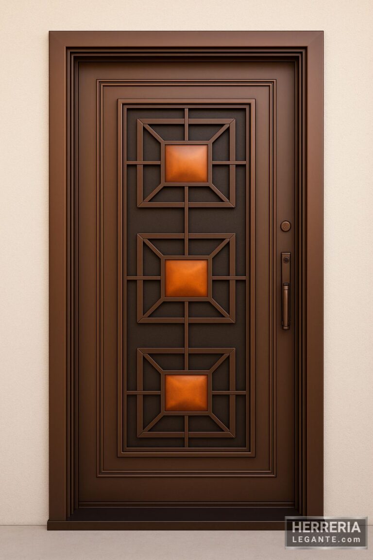 Puerta de herrería elegante con diseño geométrico y detalles en cobre, marco metálico marrón y acabado contemporáneo