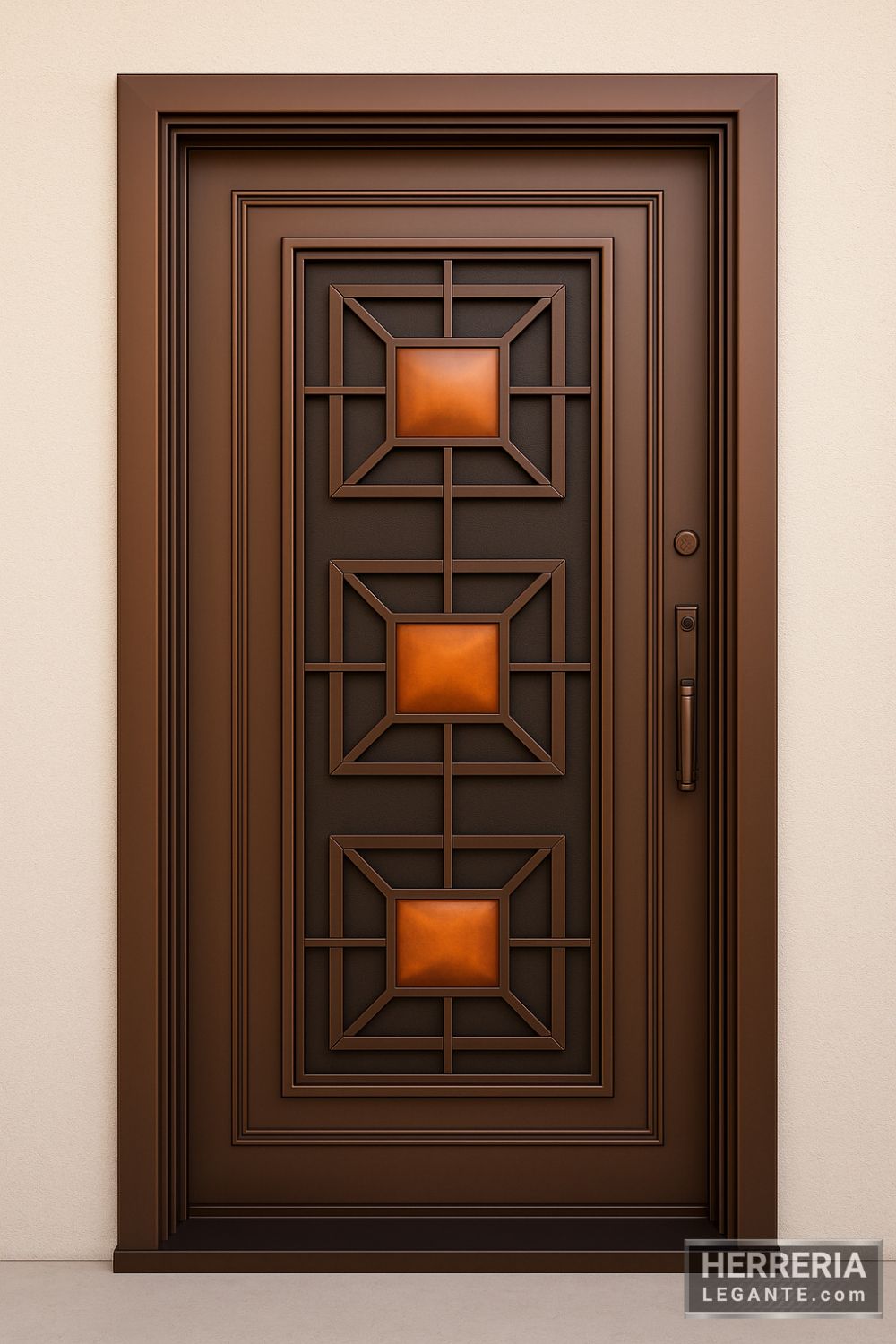 Puerta de herrería elegante con diseño geométrico y detalles en cobre, marco metálico marrón y acabado contemporáneo