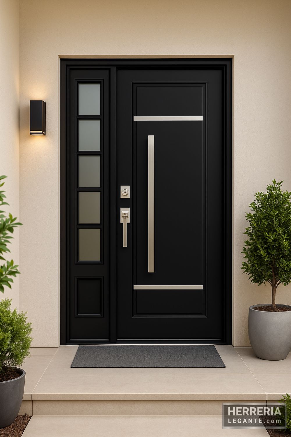 puerta de herrería negra moderna con lateral vidriado y detalles metálicos, en entrada con fachada clara y macetas decorativas