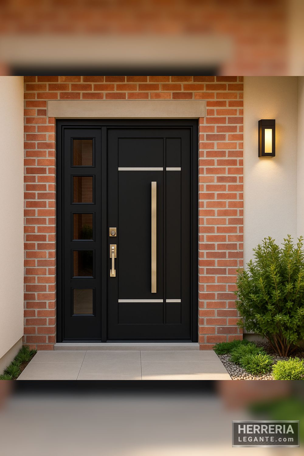 puerta de herrería moderna negra con lateral vidriado y detalles metálicos, en fachada de ladrillo con iluminación y plantas