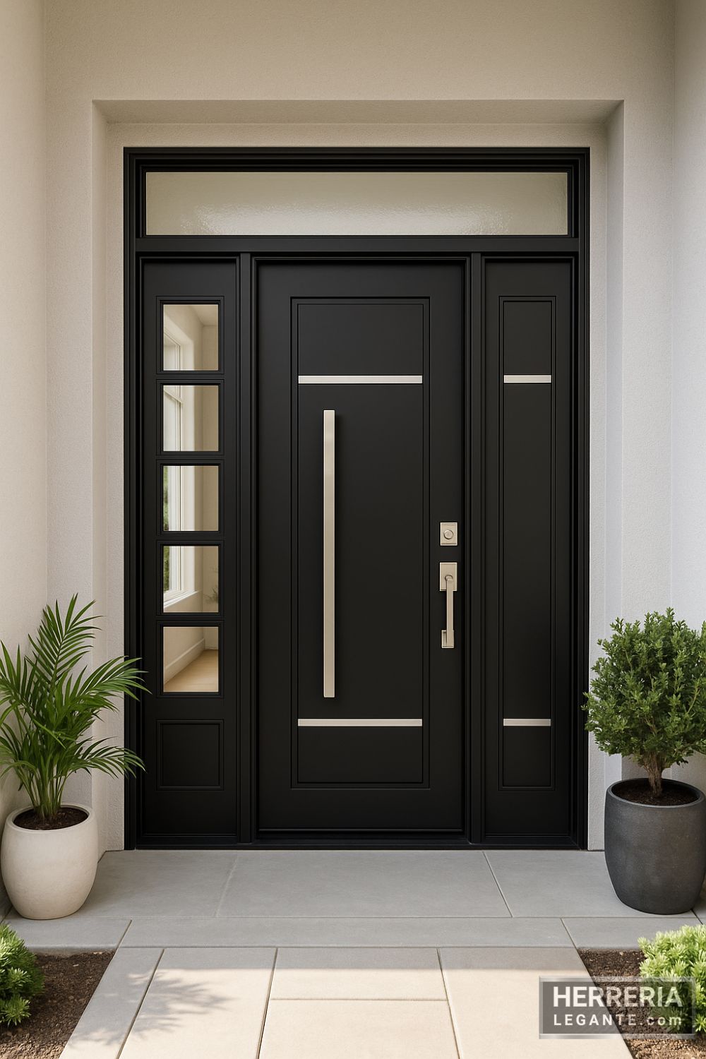 puerta de herrería negra moderna con lateral vidriado y detalles metálicos, en entrada con pared clara y plantas decorativas