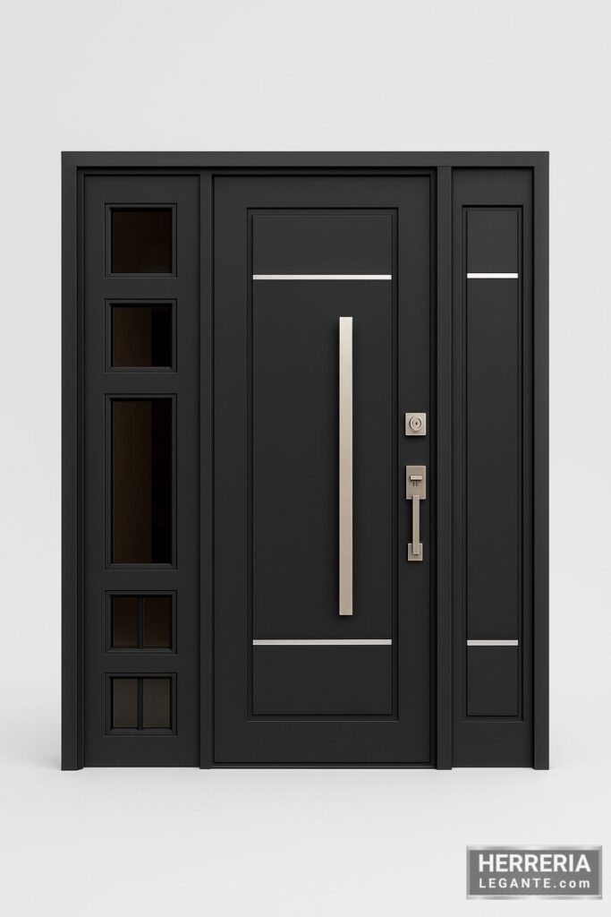 puerta de herrería negra moderna con lateral fijo y panel vidriado, detalles metálicos y tirador vertical