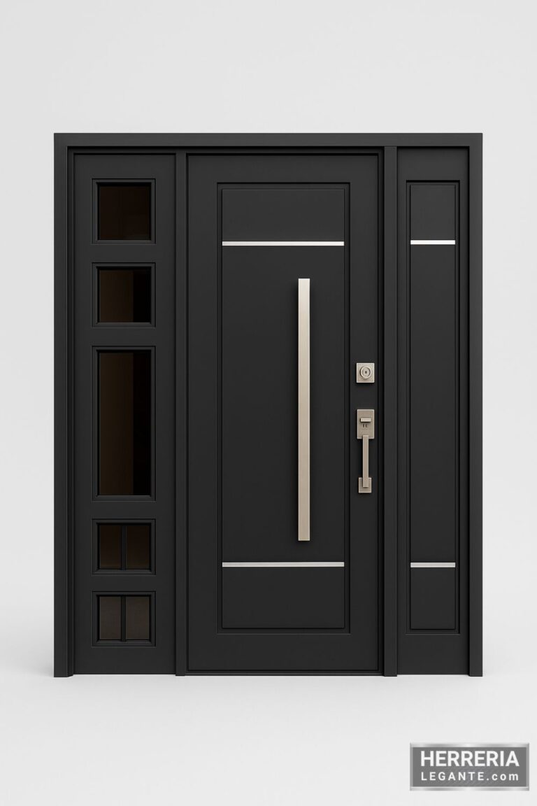 puerta de herrería negra moderna con lateral fijo y panel vidriado, detalles metálicos y tirador vertical