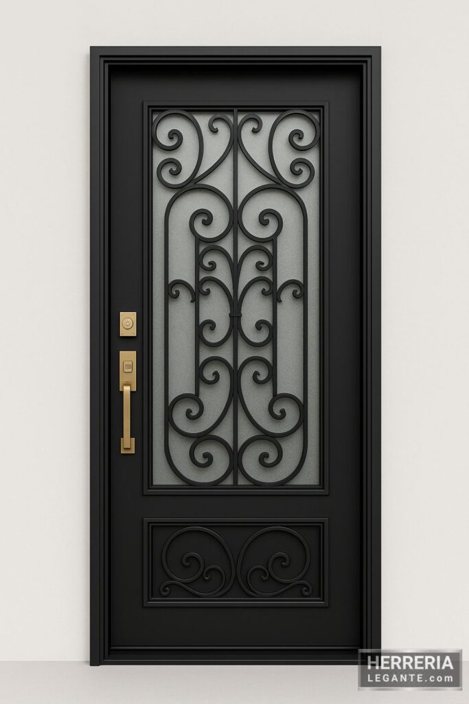 Puerta de herrería elegante con barrotes curvos y vidrio esmerilado en acabado negro mate