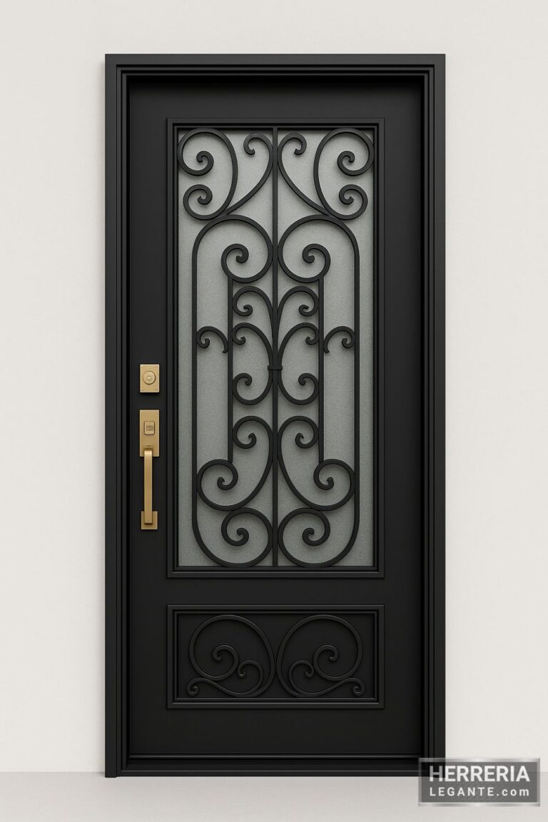 Puerta de herrería elegante con barrotes curvos y vidrio esmerilado en acabado negro mate