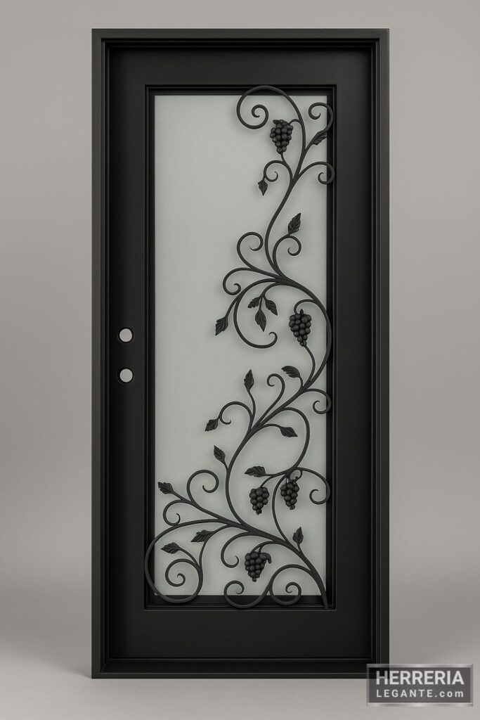 Puerta de herrería negra con vidrio esmerilado y diseño de enredadera con racimos, sobre fondo gris neutro
