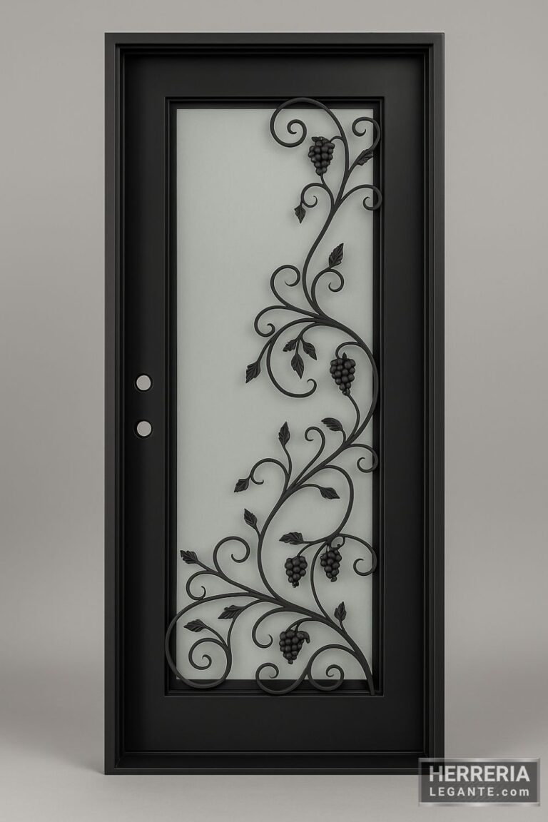 Puerta de herrería negra con vidrio esmerilado y diseño de enredadera con racimos, sobre fondo gris neutro
