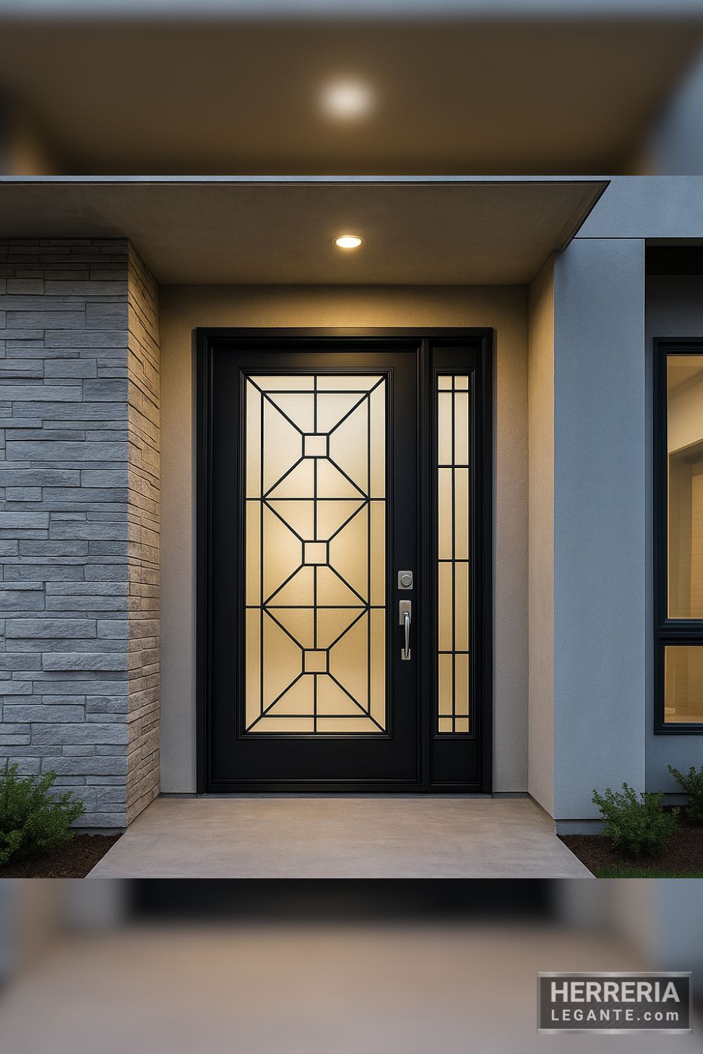 Puerta de herrería negra con vidrio esmerilado y diseño geométrico en entrada principal de residencia moderna con acabado en piedra y estuco gris