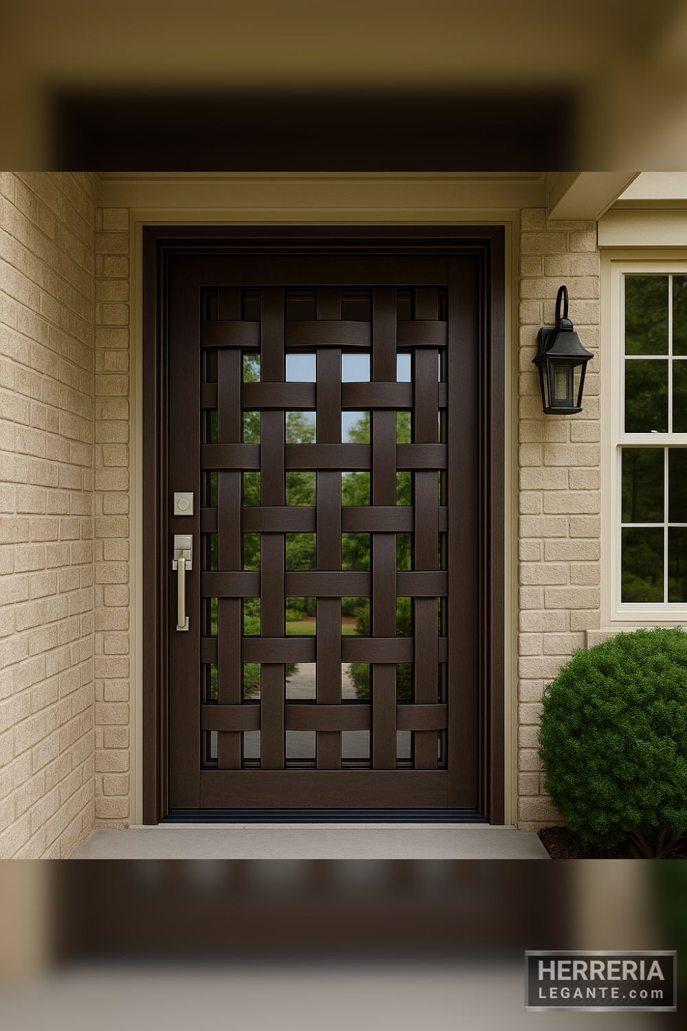 puerta de herrería entrelazada con vidrio templado en fachada de ladrillo claro