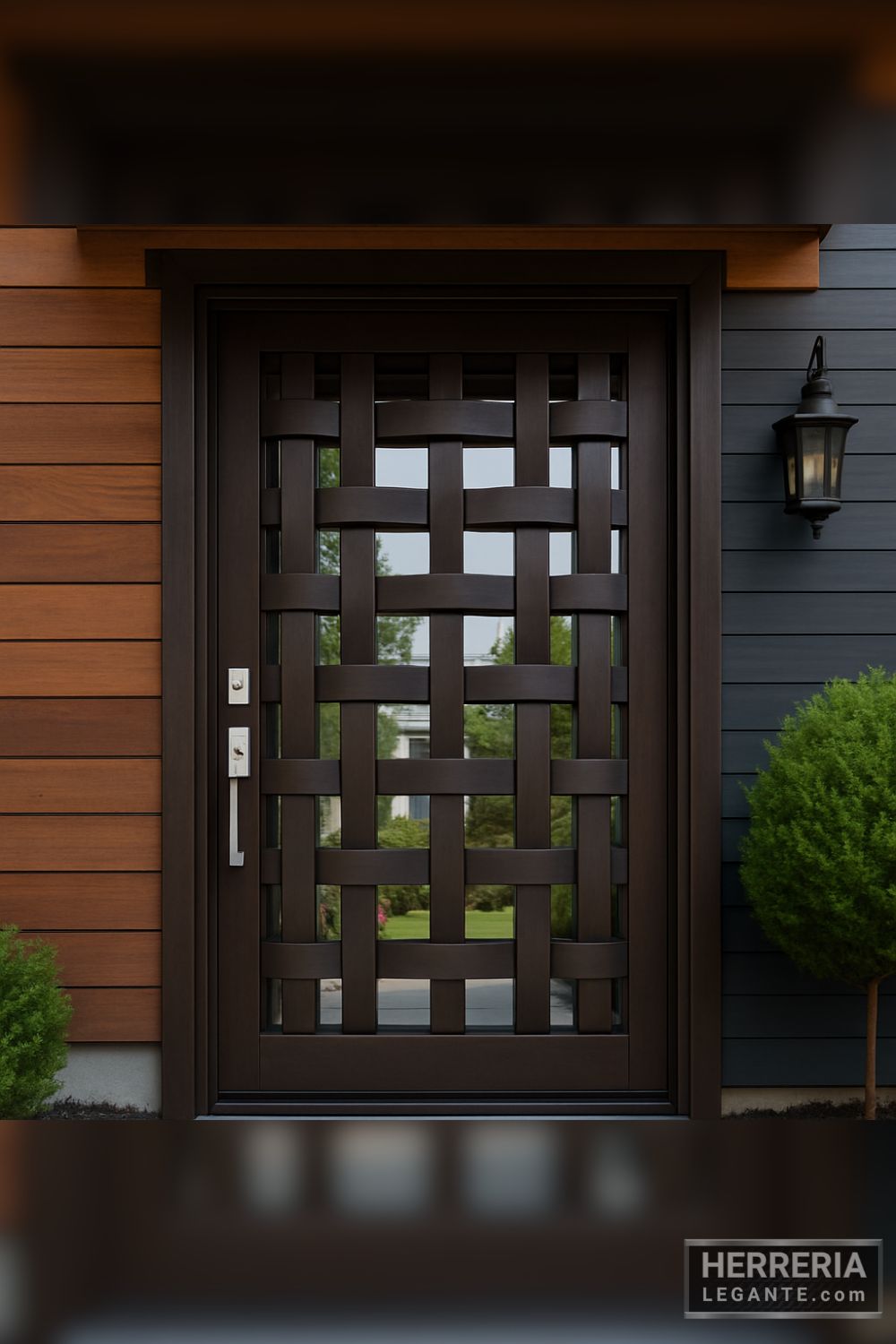 puerta de herrería entrelazada con vidrio templado en fachada combinada de madera y metal