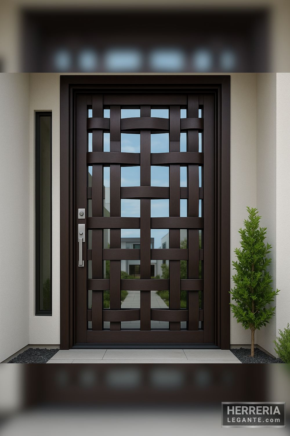 puerta de herrería entrelazada con vidrio templado en fachada minimalista con pared color claro