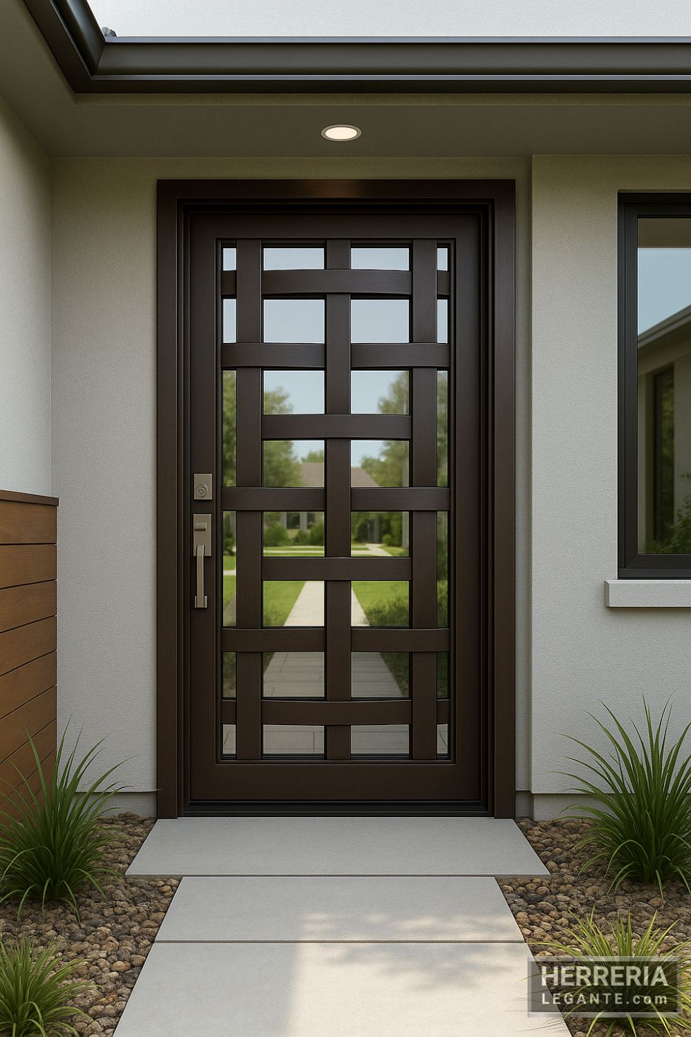 puerta de herrería entrelazada con vidrio templado en fachada de casa moderna