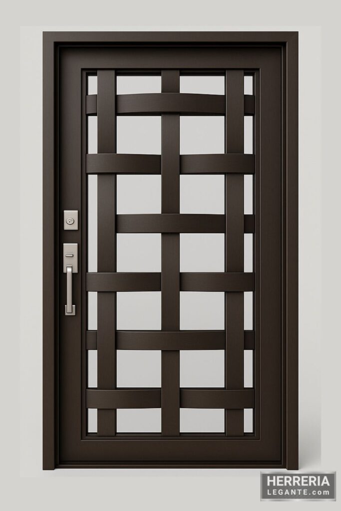 puerta de herrería moderna entrelazada con vidrio templado y acabado color chocolate