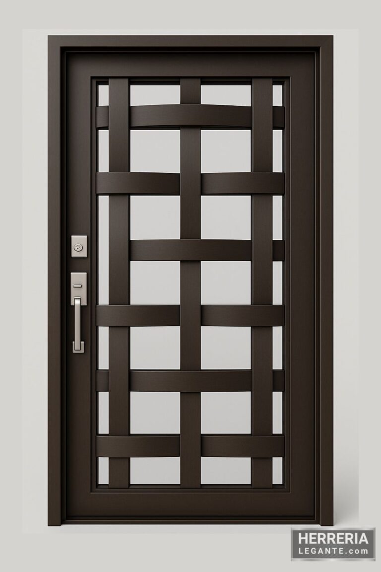 puerta de herrería moderna entrelazada con vidrio templado y acabado color chocolate