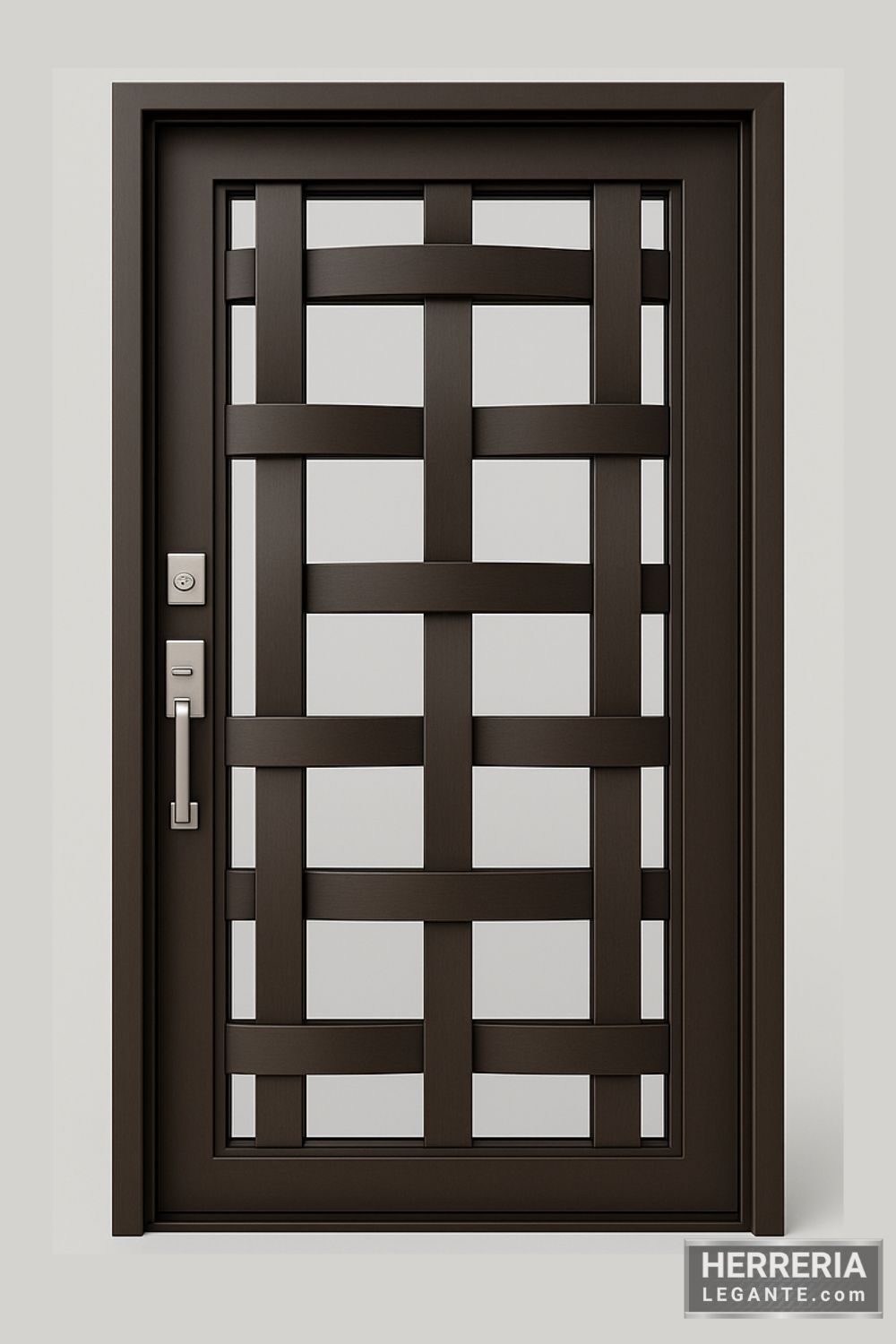 puerta de herrería moderna entrelazada con vidrio templado y acabado color chocolate