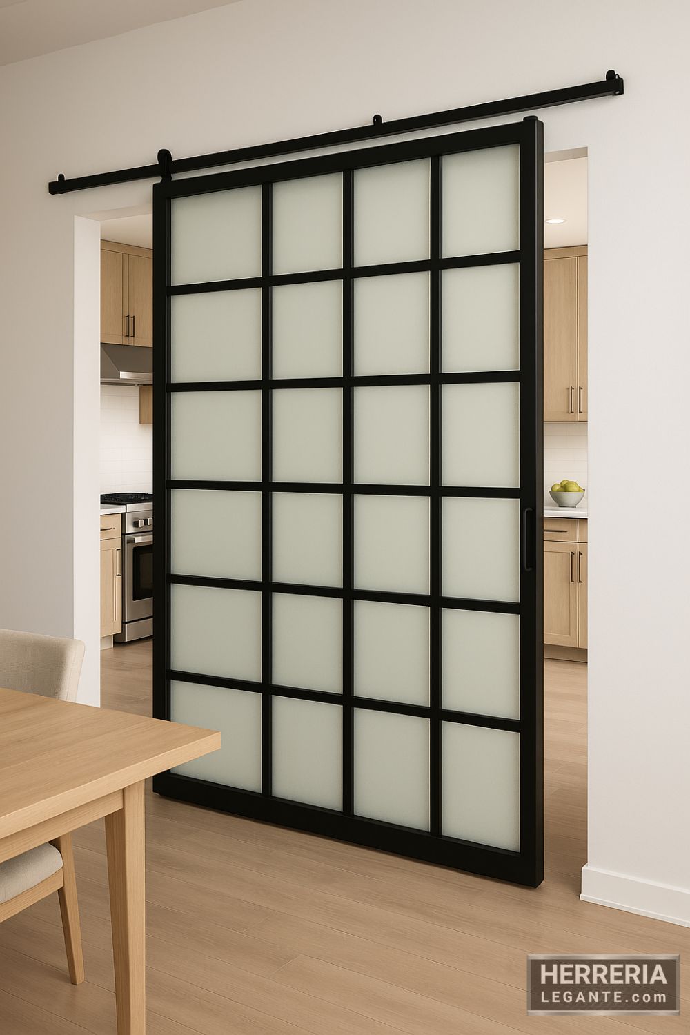 puerta corrediza negra con vidrio esmerilado separando cocina y comedor de estilo contemporáneo