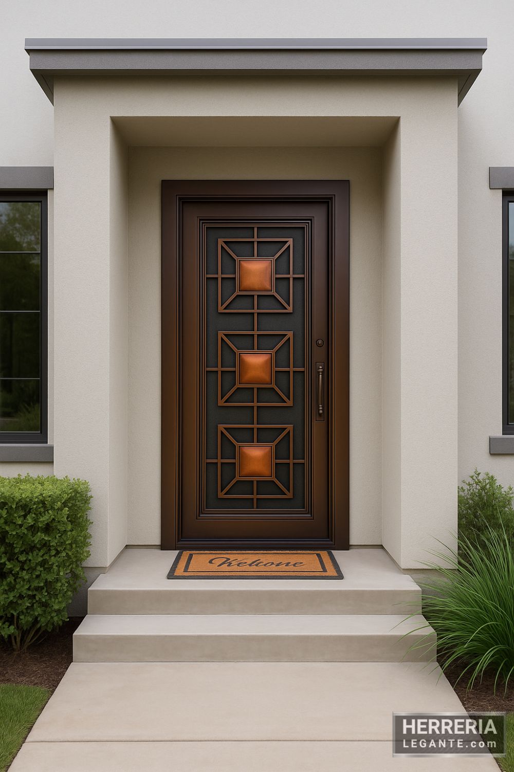 Puerta de herrería con diseño geométrico y detalles en cobre en fachada residencial moderna con acceso protegido y elegante