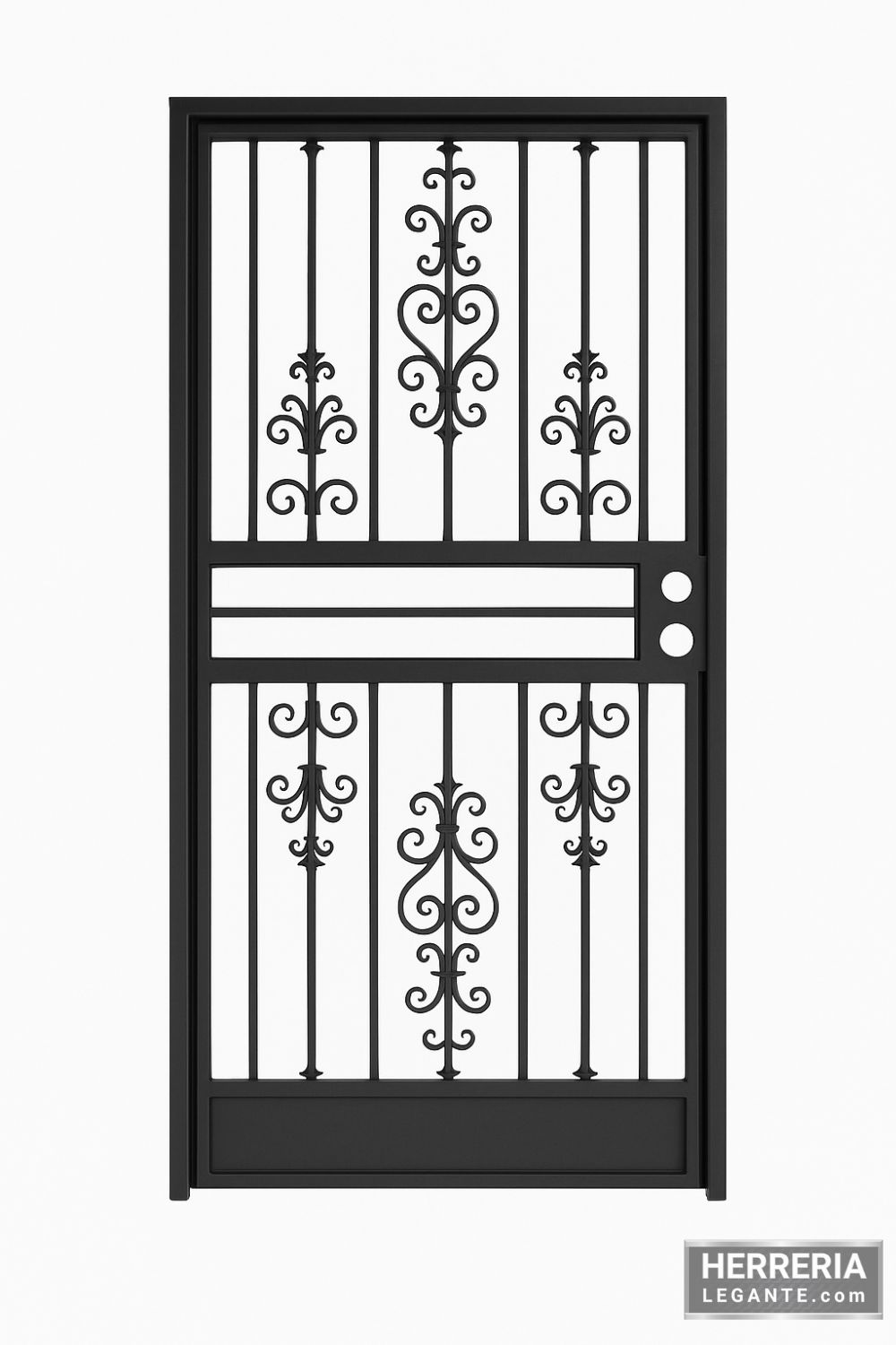 puerta de herrería negra de una hoja con doble panel y detalles de forja clásica, fondo blanco neutro