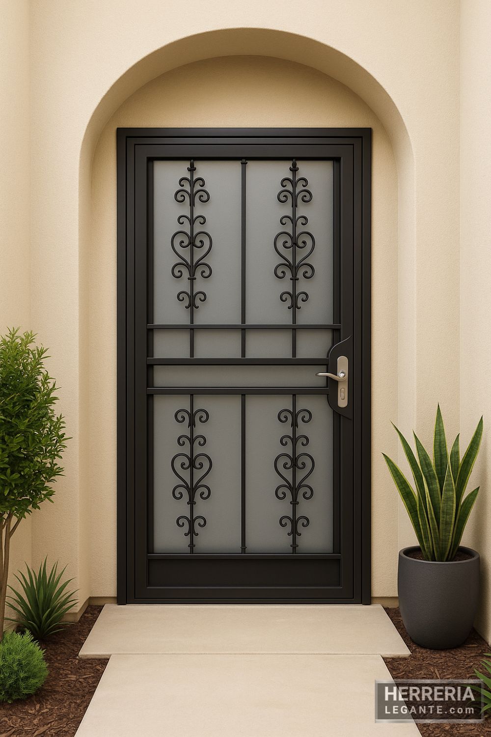 puerta de herrería negra con doble panel y detalles de forja clásica, en fachada de arco beige con plantas decorativas