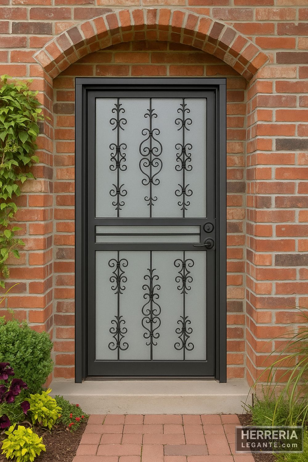 puerta de herrería negra con doble panel y detalles de forja clásica, en fachada de ladrillo con arco y enredadera lateral
