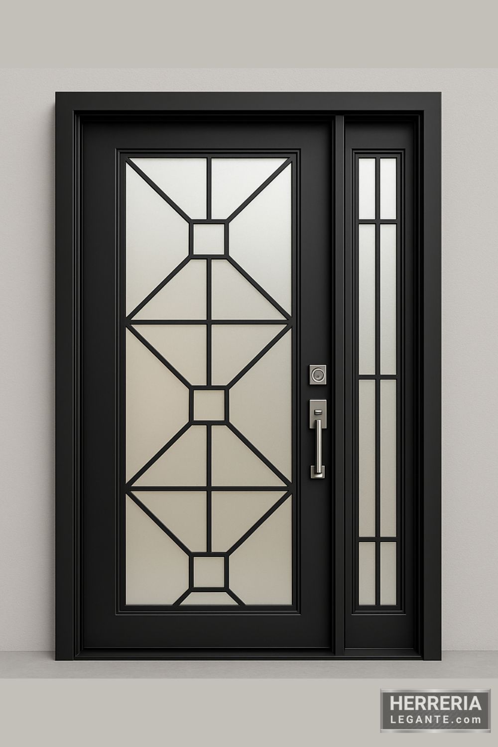 Puerta de herrería negra con vidrio esmerilado y diseño geométrico simétrico, con lateral fijo, sobre fondo gris neutro
