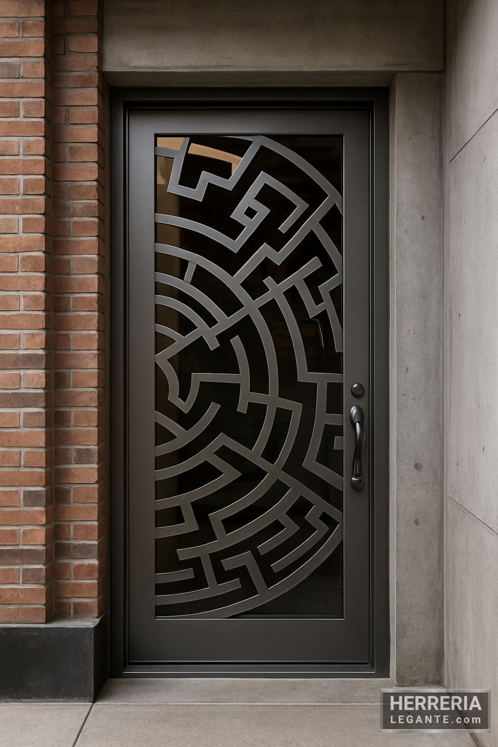 Puerta de herrería geométrica en acabado metálico satinado instalada en fachada de estilo industrial con concreto visto y ladrillo expuesto