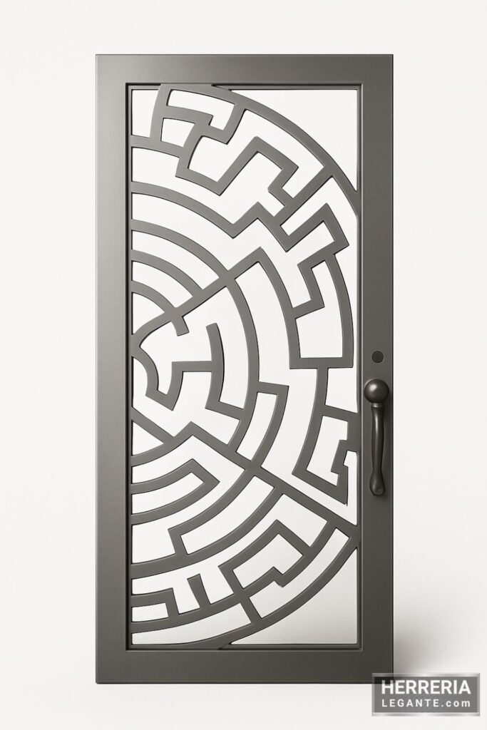 Puerta de herrería minimalista con diseño geométrico calado en acabado metálico satinado y marco robusto