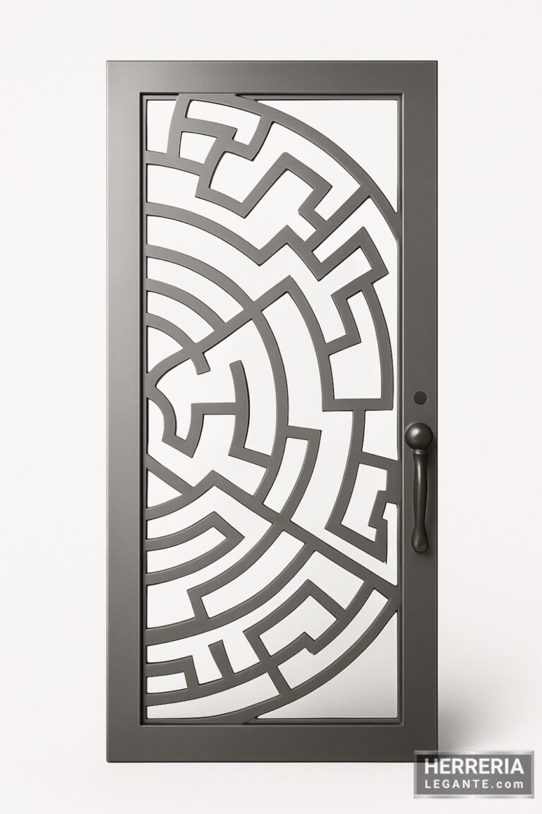Puerta de herrería minimalista con diseño geométrico calado en acabado metálico satinado y marco robusto