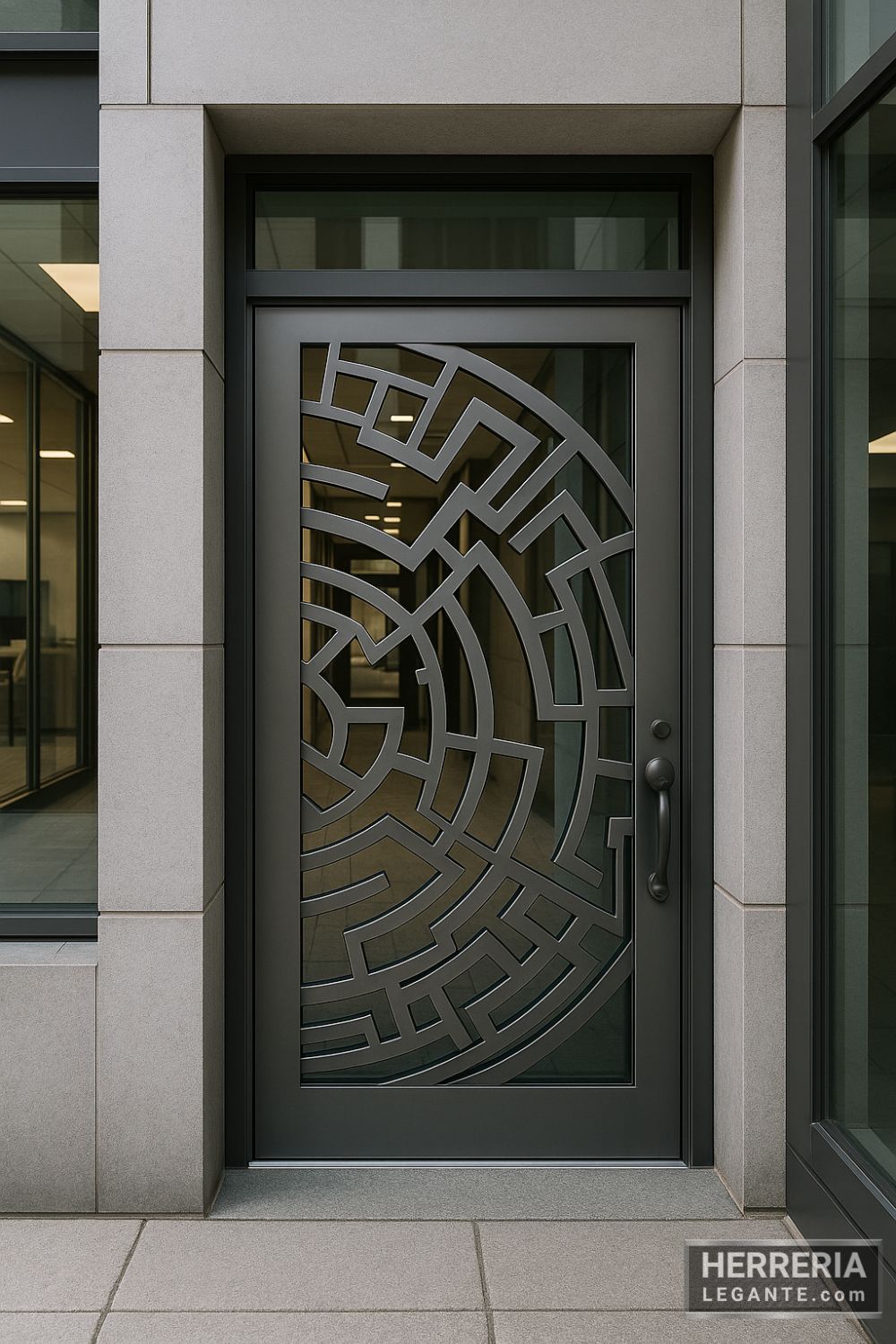 Puerta de herrería geométrica en acabado metálico satinado instalada en fachada de oficina moderna con vidrio y concreto